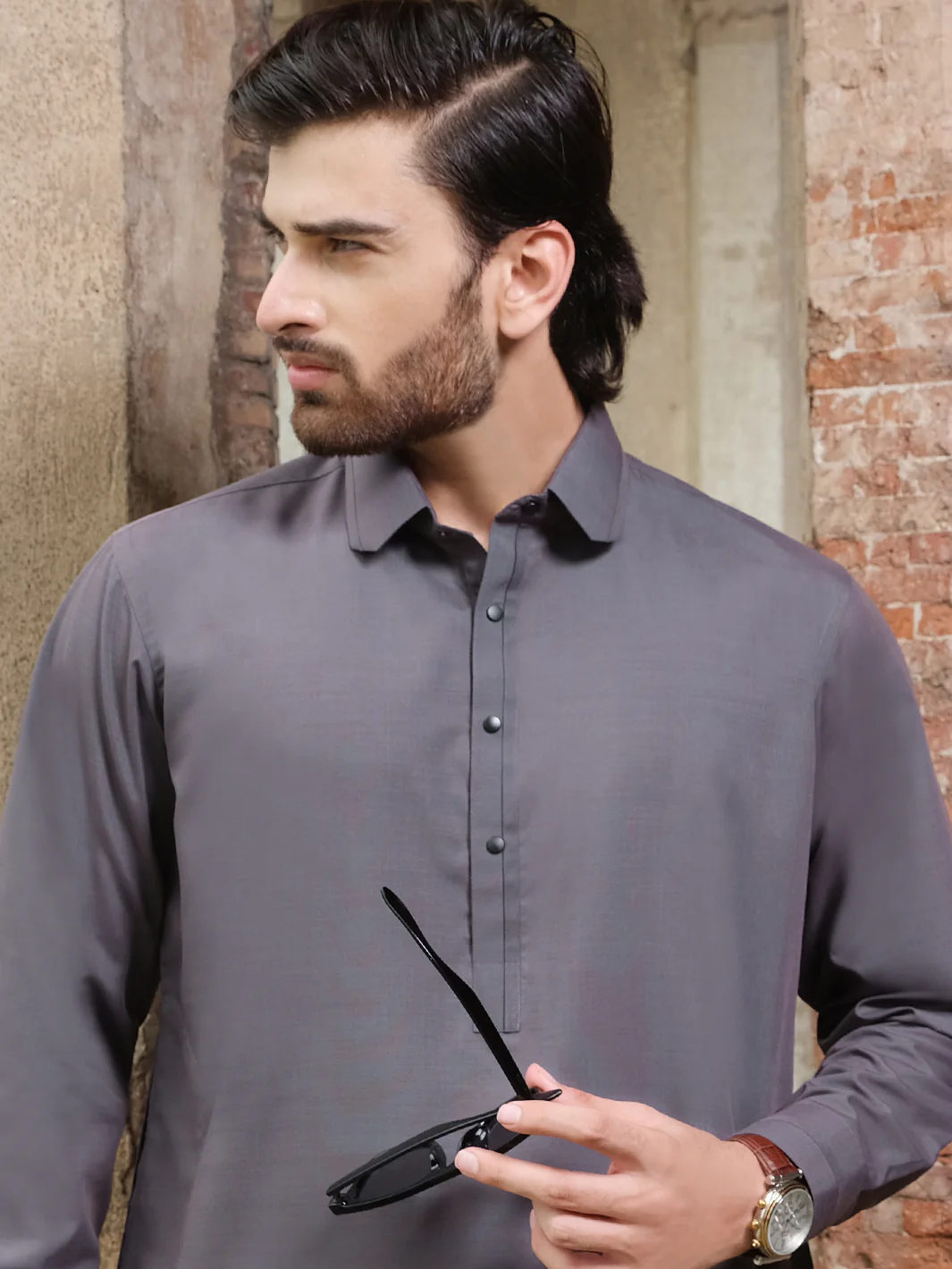 Charcoal Grey Blended Kameez Shalwar - ALWA-KS-207 - Image 2