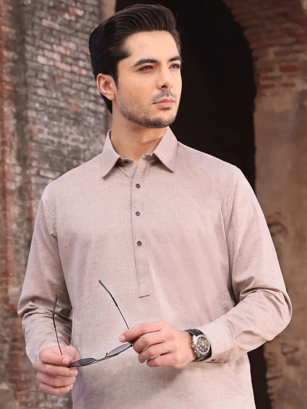 Light Brown Blended Kameez Shalwar - ALWA-KS-218 - Image 2