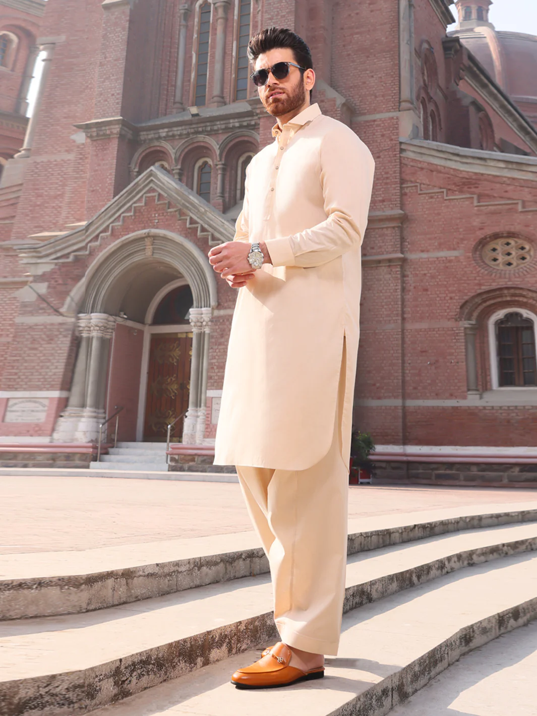 Beige Cotton Kameez Shalwar - ALWA-KS-223 - Image 3