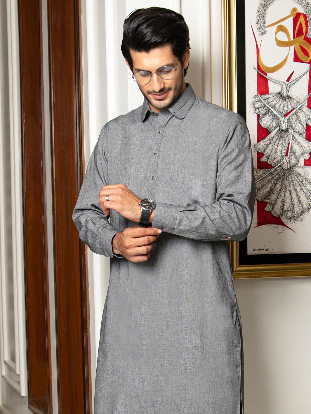 Grey Blended Kameez Shalwar - ALWA-KS-255 - Image 2