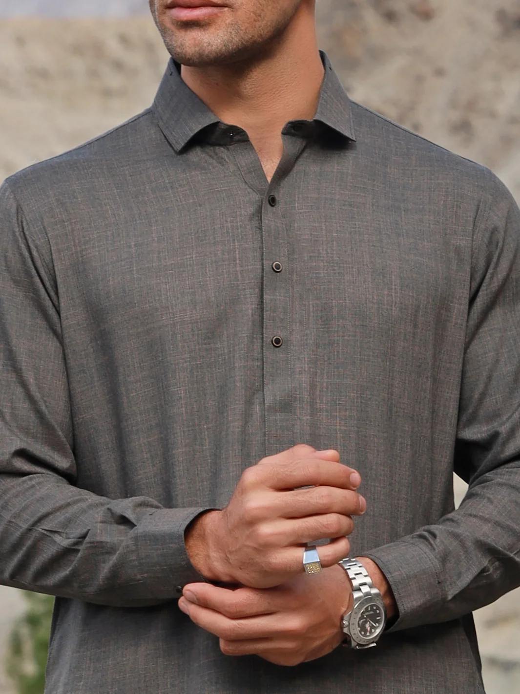 Ash Brown Blended Kameez Shalwar - ALWA-KS-310 - Image 3