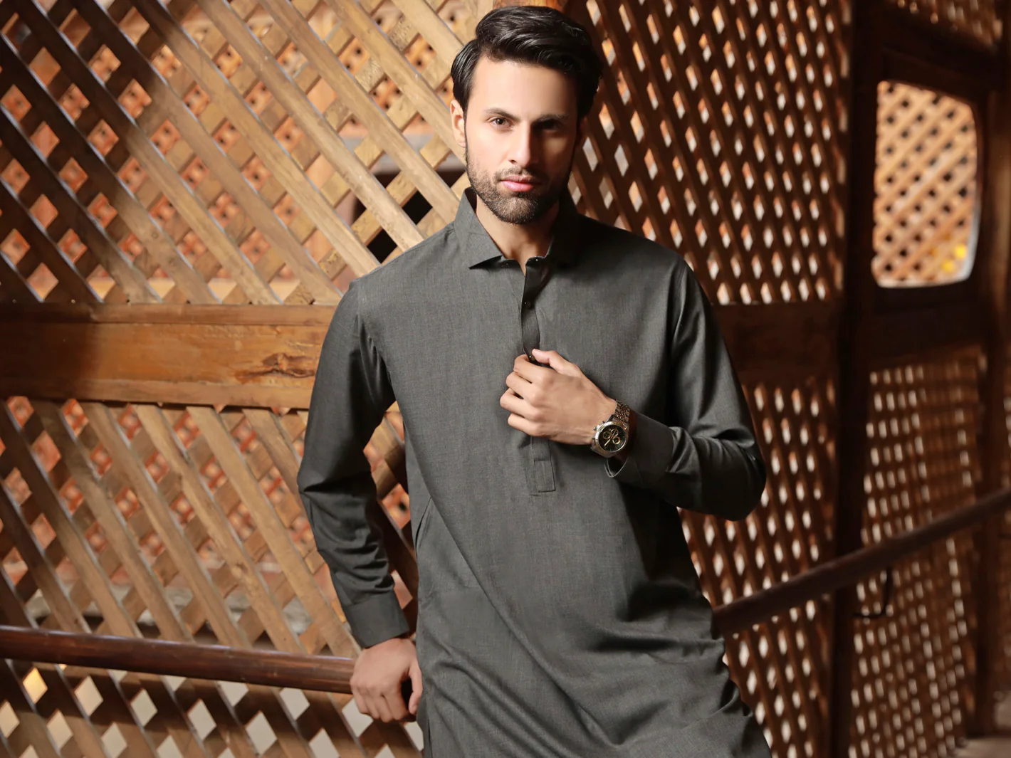 Charcoal Grey Blended Kameez Shalwar - ALWA-KS-314 - Image 3