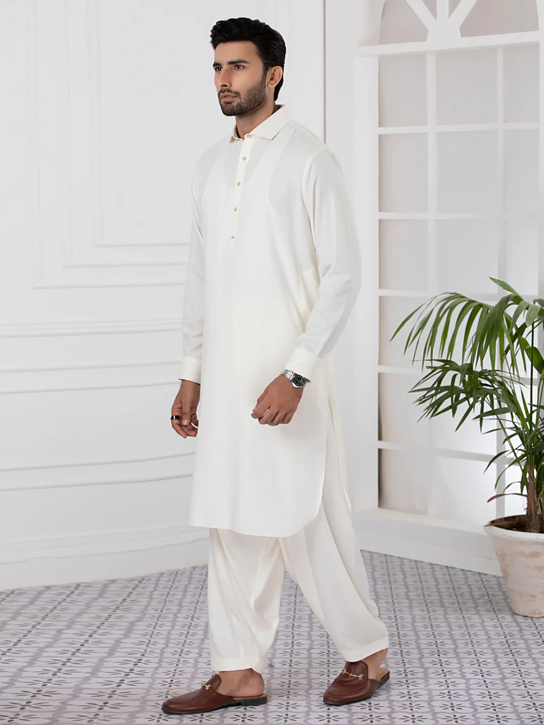 Cream Blended Kameez Shalwar - ALWA-KS-331 - Image 3