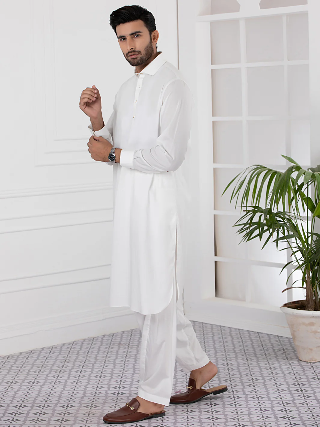 White Cotton Kameez Shalwar - ALWA-KS-334