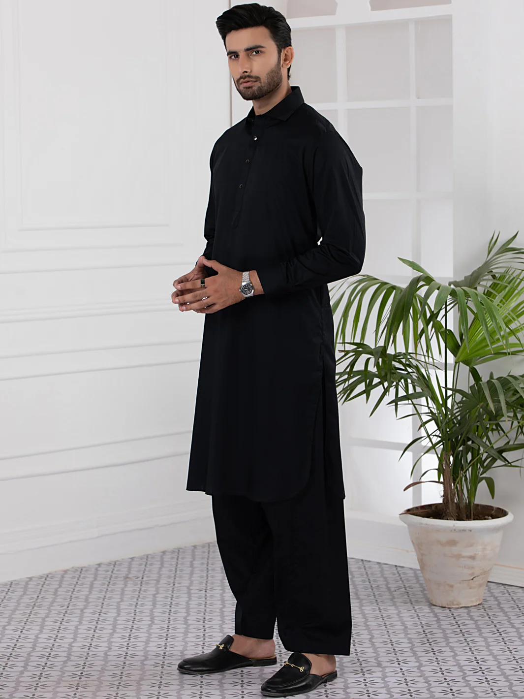Black Cotton Kameez Shalwar - ALWA-KS-336 - Image 2