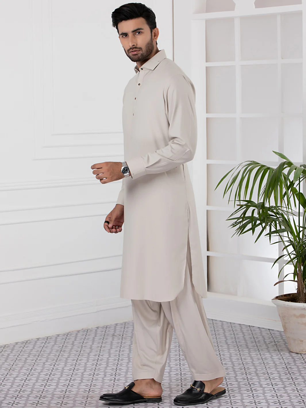 Beige Blended Kameez Shalwar - ALWA-KS-338 - Image 5