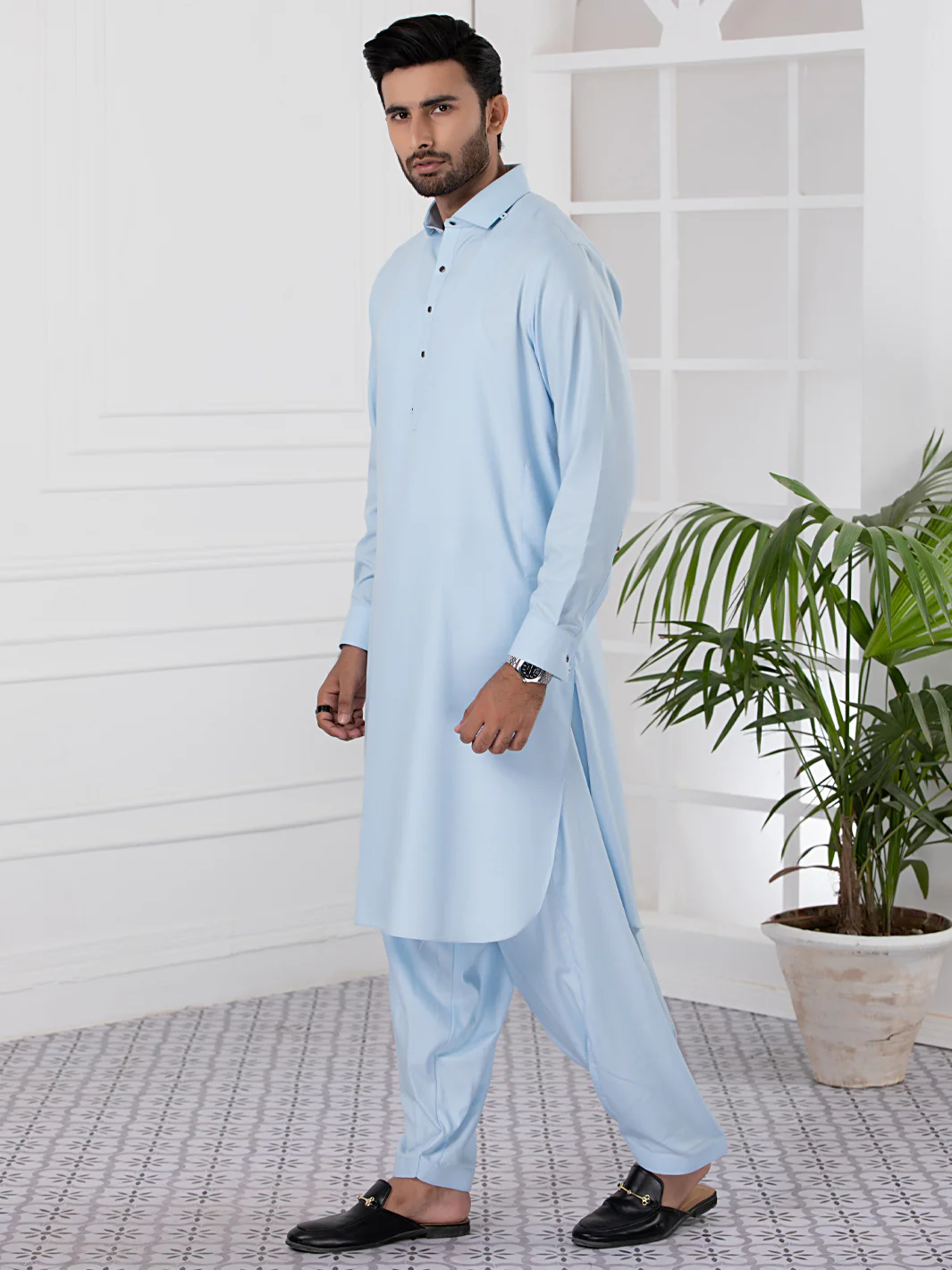 Light Blue Blended Kameez Shalwar - ALWA-KS-339 - Image 5