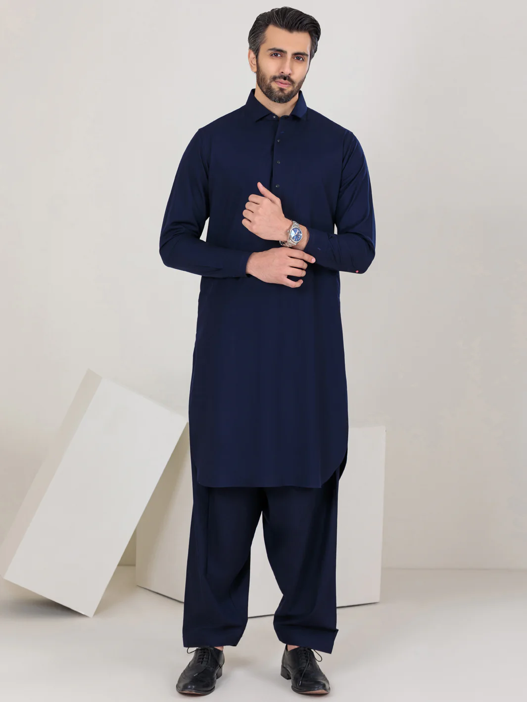 Navy Blue Blended Kameez Shalwar - ALWA-KS-350