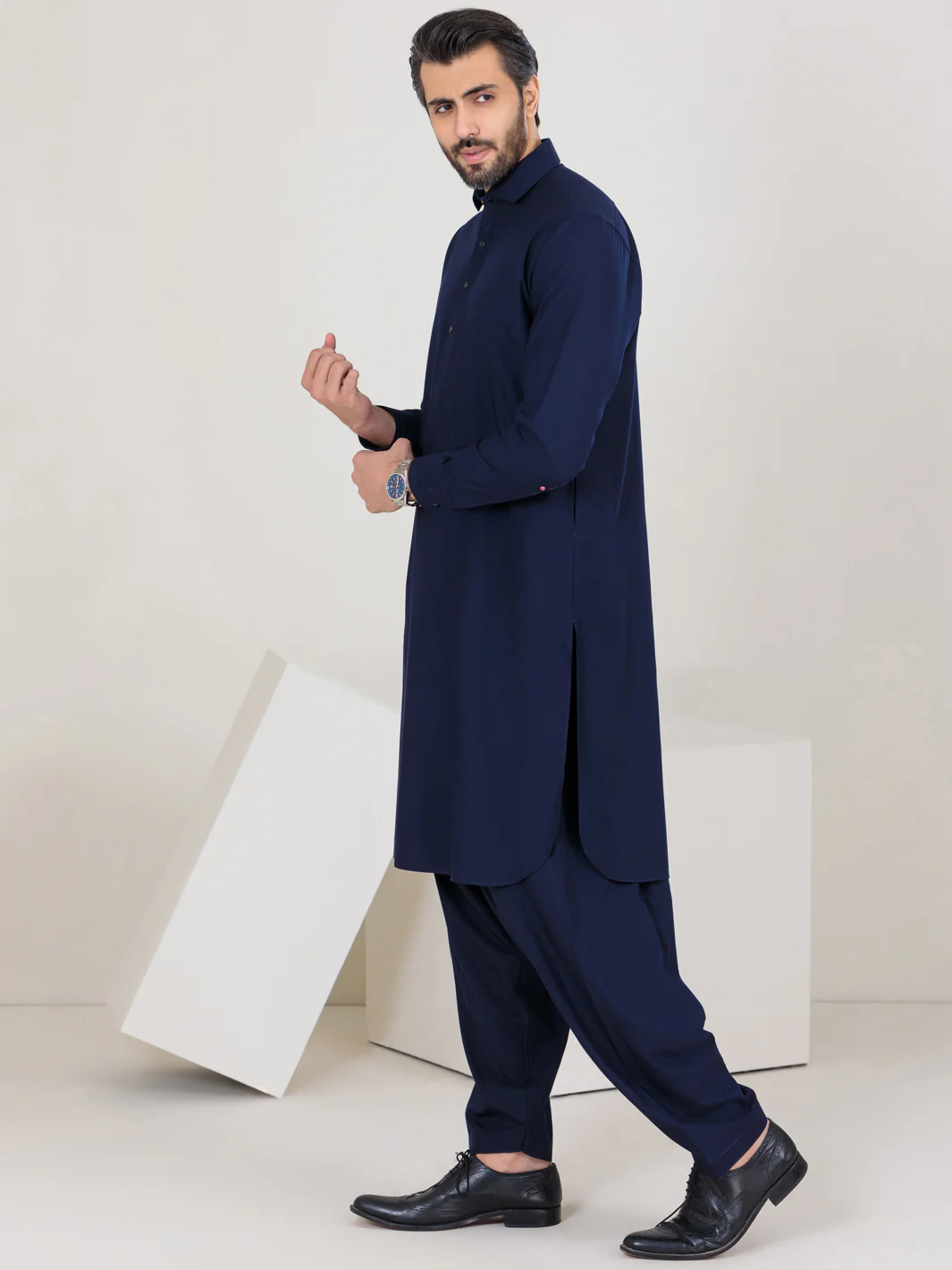 Navy Blue Blended Kameez Shalwar - ALWA-KS-350 - Image 4