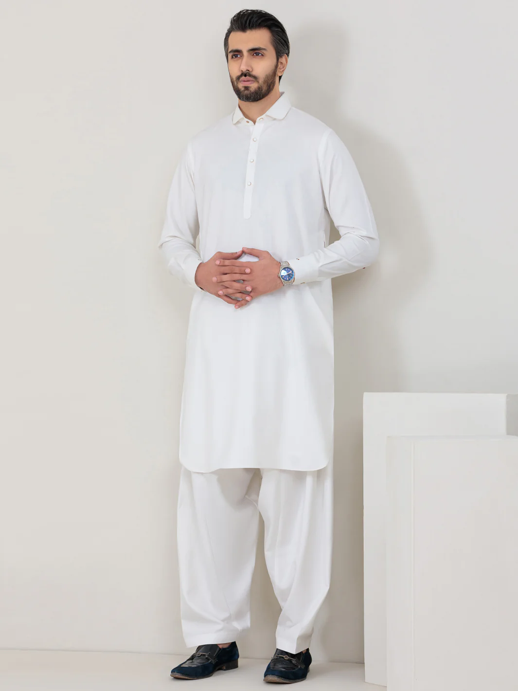 White Blended Kameez Shalwar - ALWA-KS-351