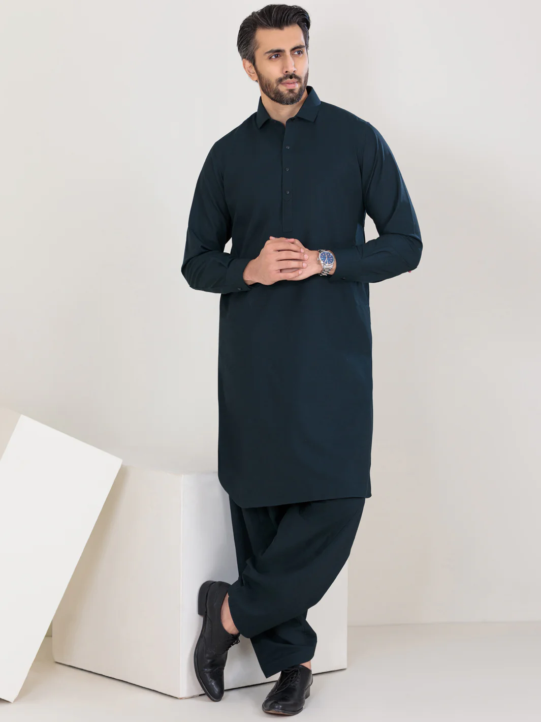 Navy Blue Blended Kameez Shalwar - ALWA-KS-360A - Image 2