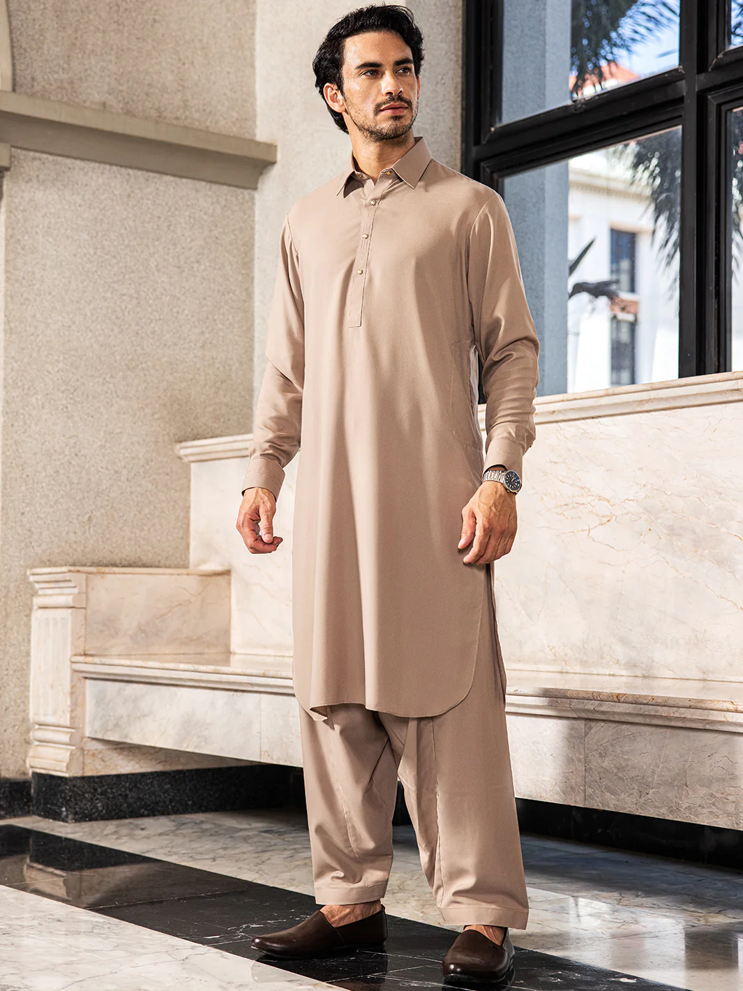 Sand Brown Blended Kameez Shalwar - ALWA-KS-416