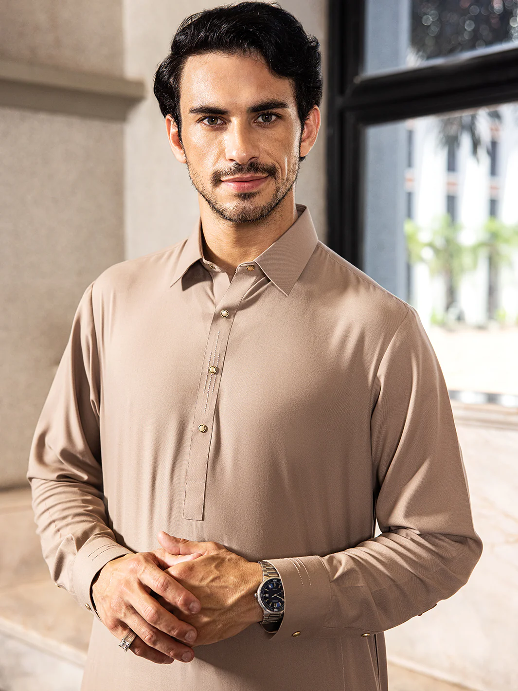Sand Brown Blended Kameez Shalwar - ALWA-KS-416 - Image 2