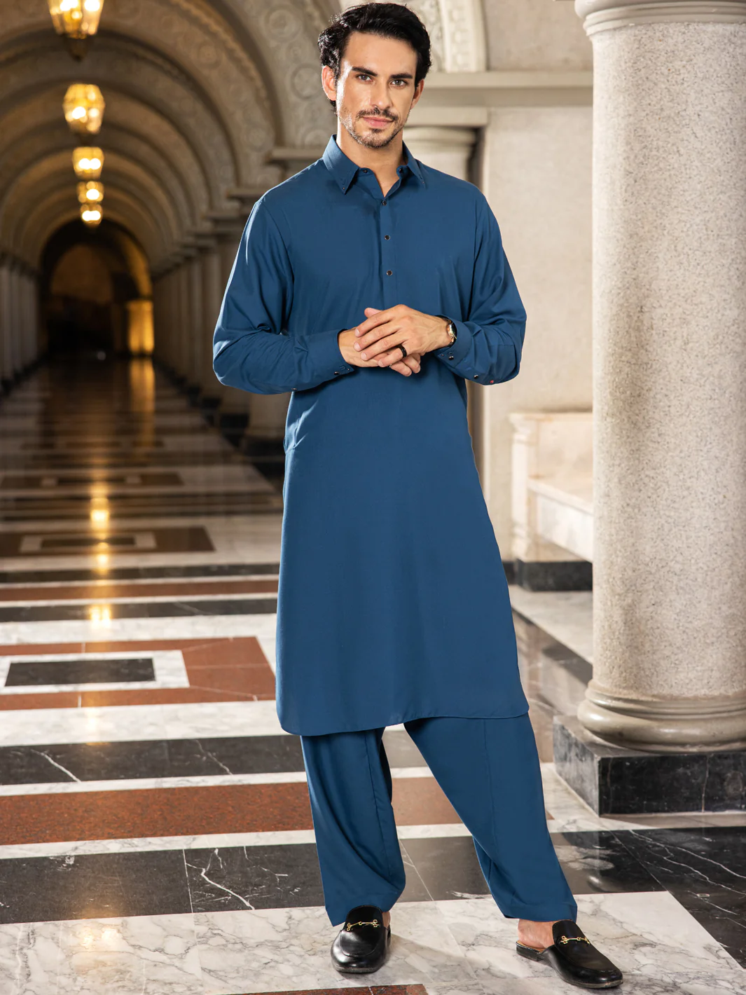 Teal Blue Blended Kameez Shalwar - ALWA-KS-417