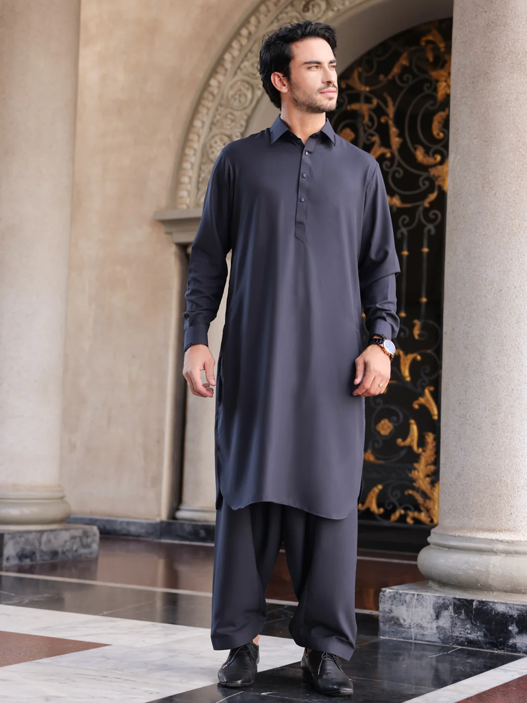 Dark Grey Blended Kameez Shalwar - ALWA-KS-425 - Image 2