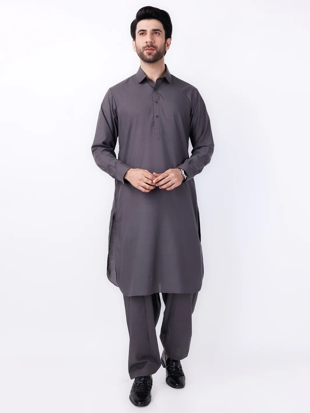 Charcoal Grey Blended Kameez Shalwar - ALWA-KS-433 - Image 4