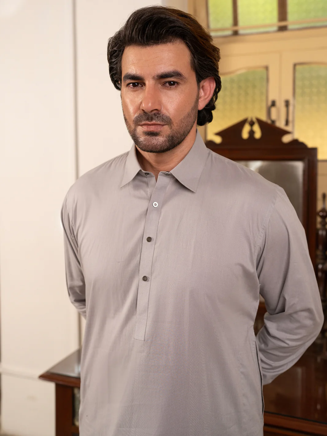 Grey Cotton Kameez Shalwar - ALWA-KS-547 - Image 2