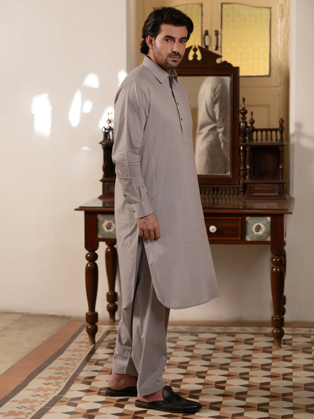 Grey Cotton Kameez Shalwar - ALWA-KS-547 - Image 3