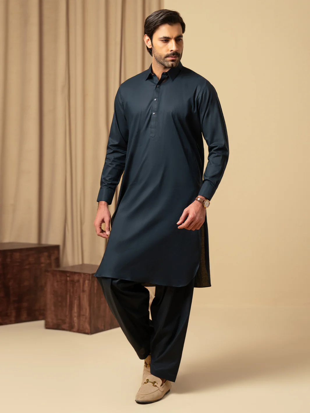 Navy Blue Cotton Kameez Shalwar - ALWA-KS-571 - Image 5