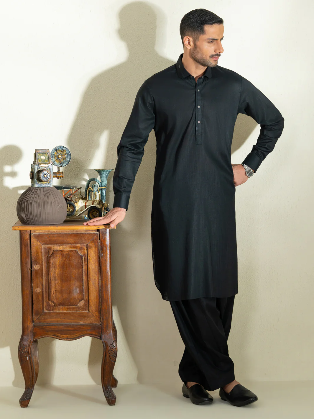 Black Cotton Kameez Shalwar - ALWA-KS-573 - Image 6
