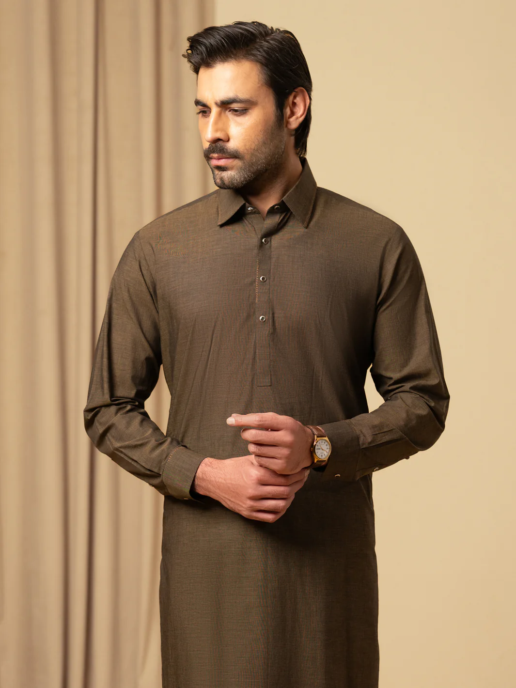 Dark Brown Cotton Kameez Shalwar - ALWA-KS-585 - Image 2