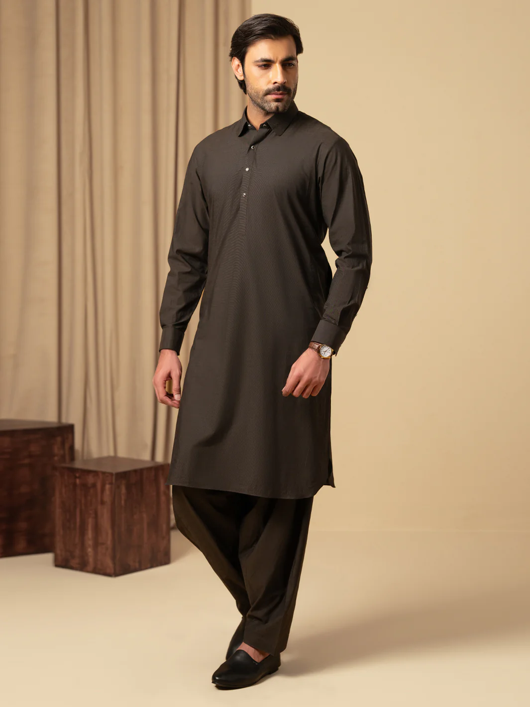 Dark Brown Cotton Kameez Shalwar - ALWA-KS-587 - Image 5