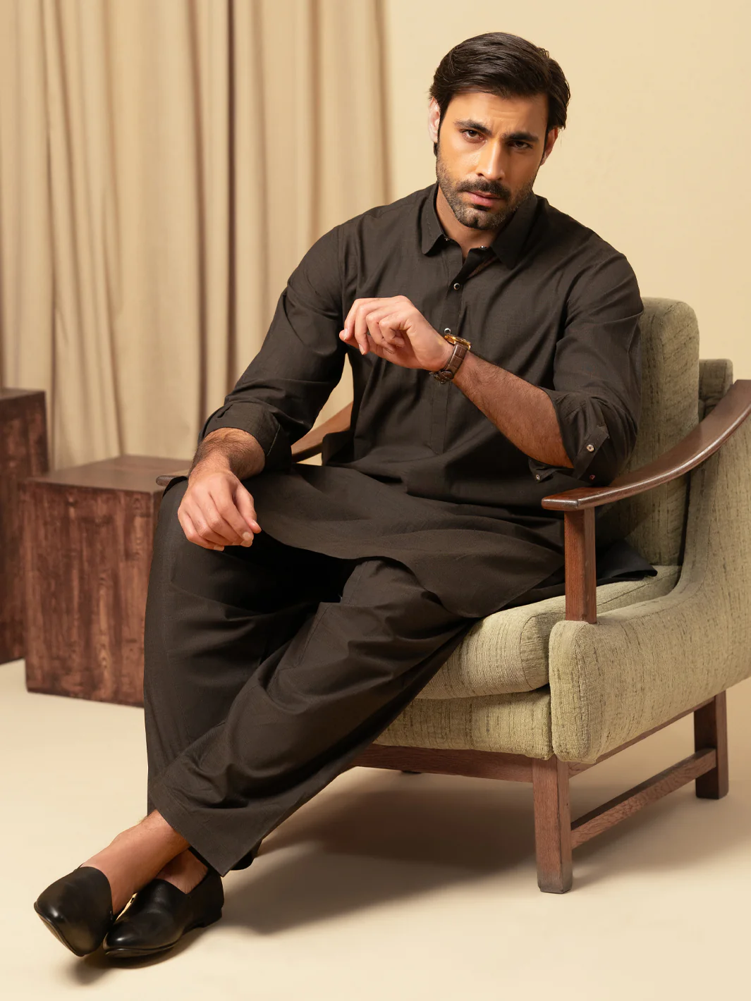 Dark Brown Cotton Kameez Shalwar - ALWA-KS-587 - Image 6
