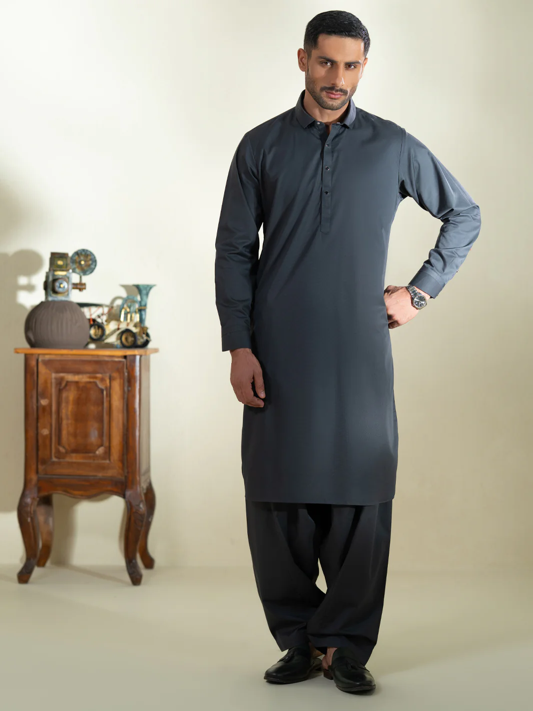 Charcoal Grey Kameez Shalwar - ALWA-KS-593 - Image 7