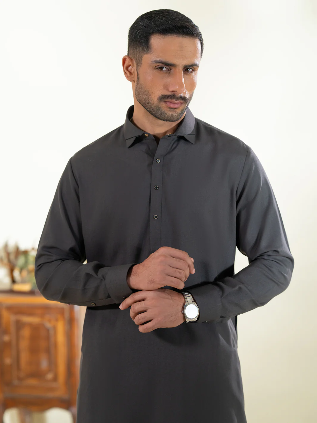 Charcoal Grey Kameez Shalwar - ALWA-KS-605 - Image 2
