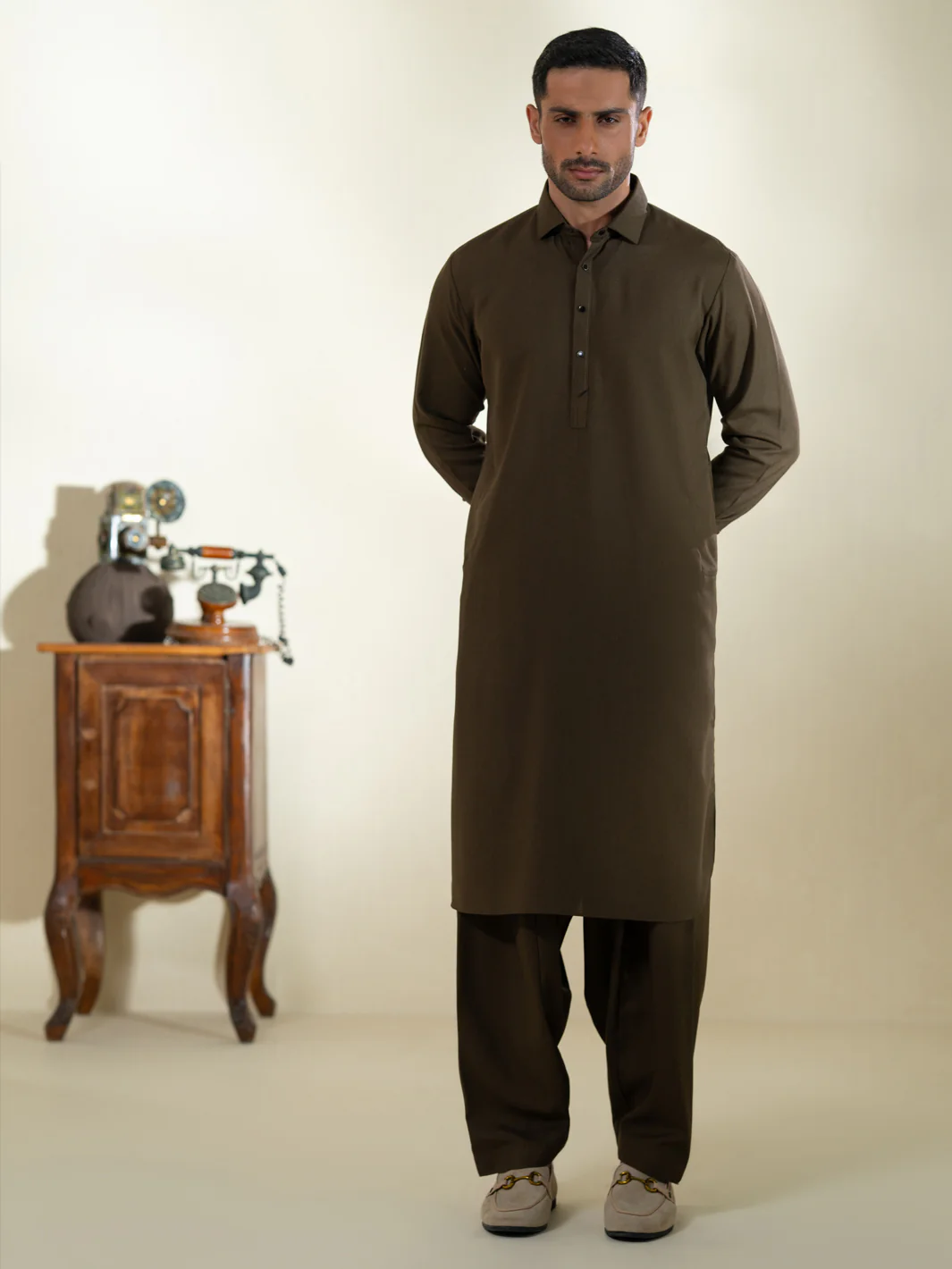 Olive Kameez Shalwar - ALWA-KS-606 - Image 4