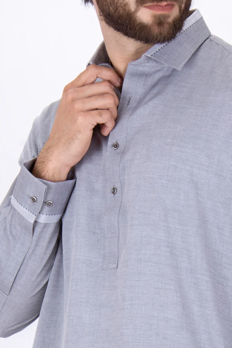 Ash Grey Cotton Kameez Shalwar - ALWA-KS-104 - Image 2