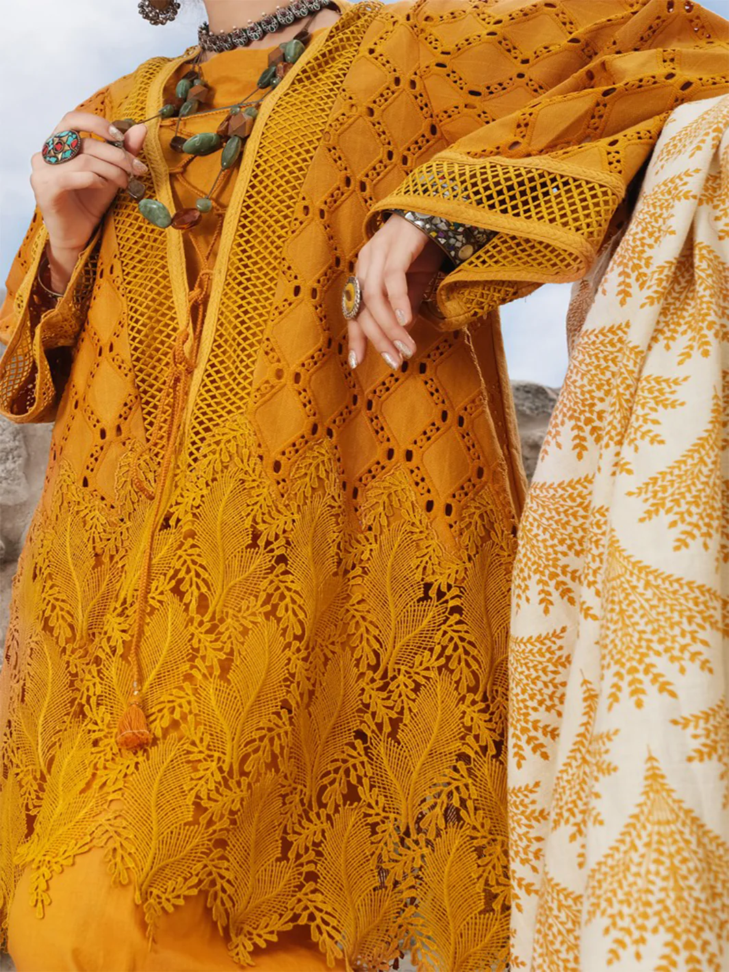Mustard Schiffli 3Pc Stitched - AWP-3PS-217 - Image 2