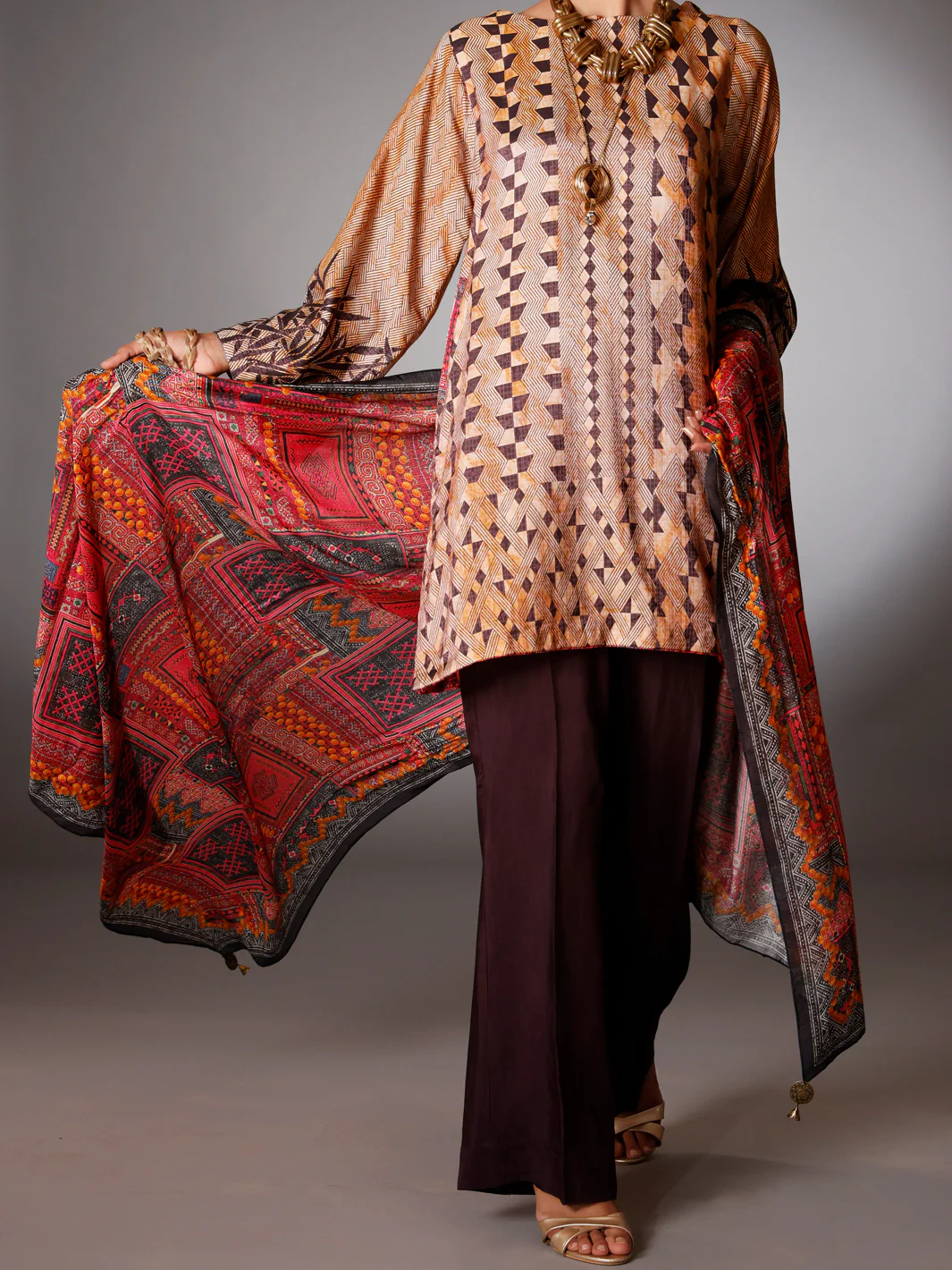 Coffee Silk Jacquard 3Pc Unstitched - AWP-3PS-262