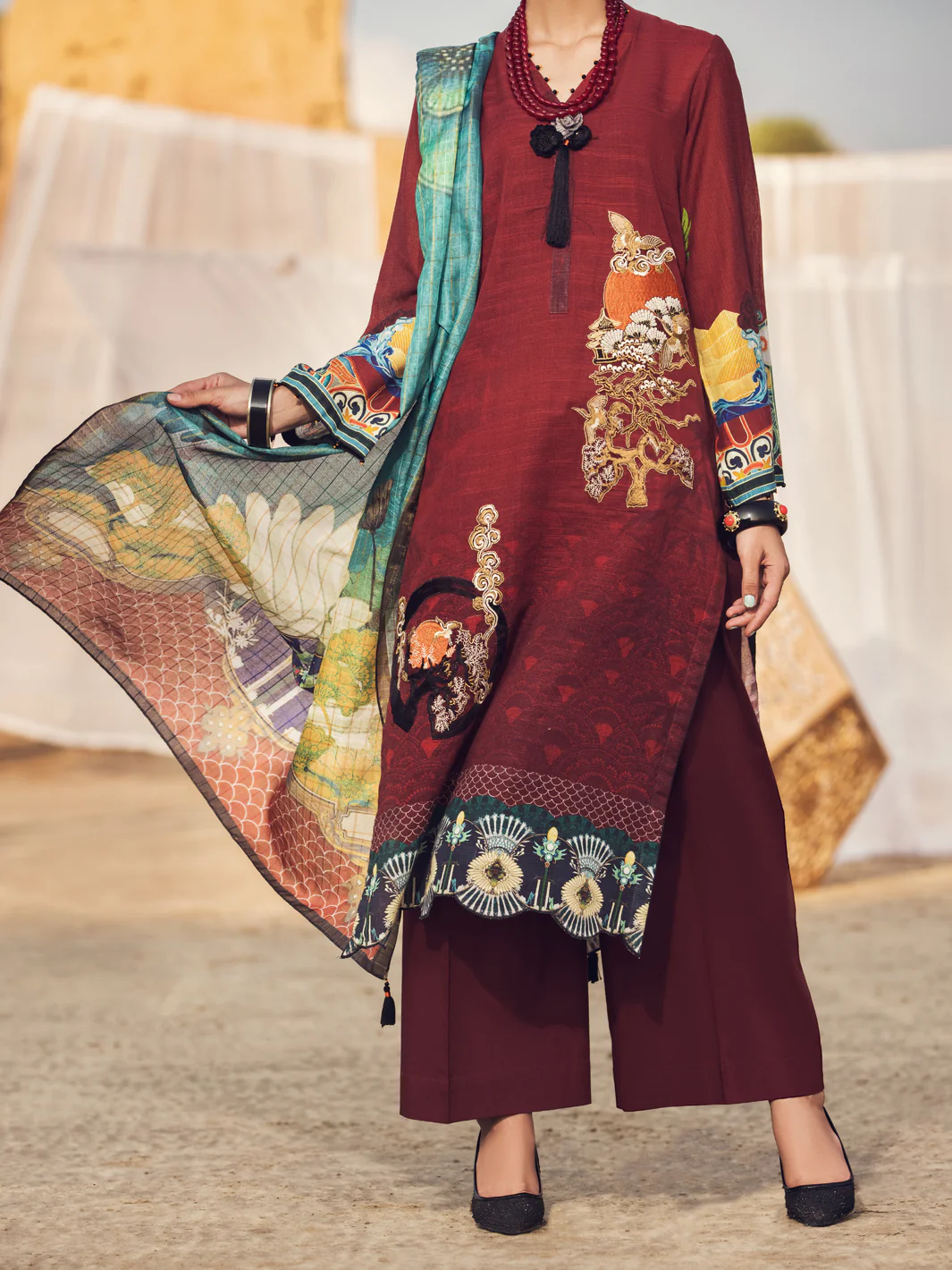 Maroon Khaddar 3Pc Unstitched - AWP-3PS-340 - Image 3