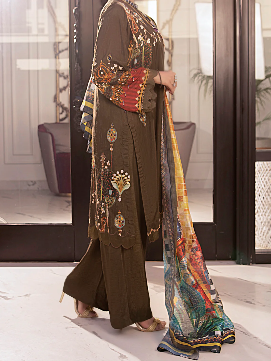 Olive Raw Silk 3Pc Stitched - AWP-3PS-357 - Image 5