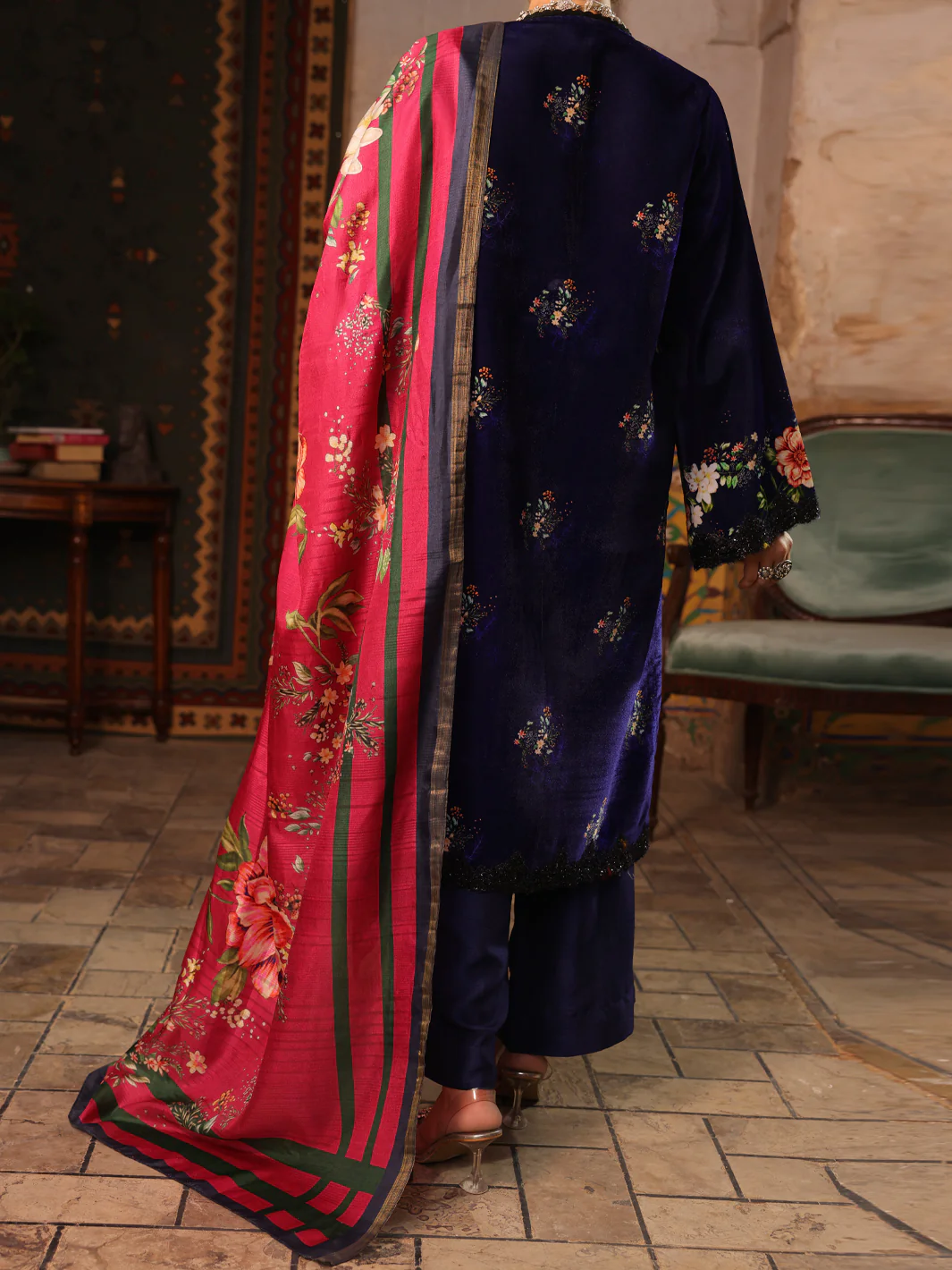 Dark Blue Velvet Unstitched 3Pc - AWP-3PS-445 - Image 2