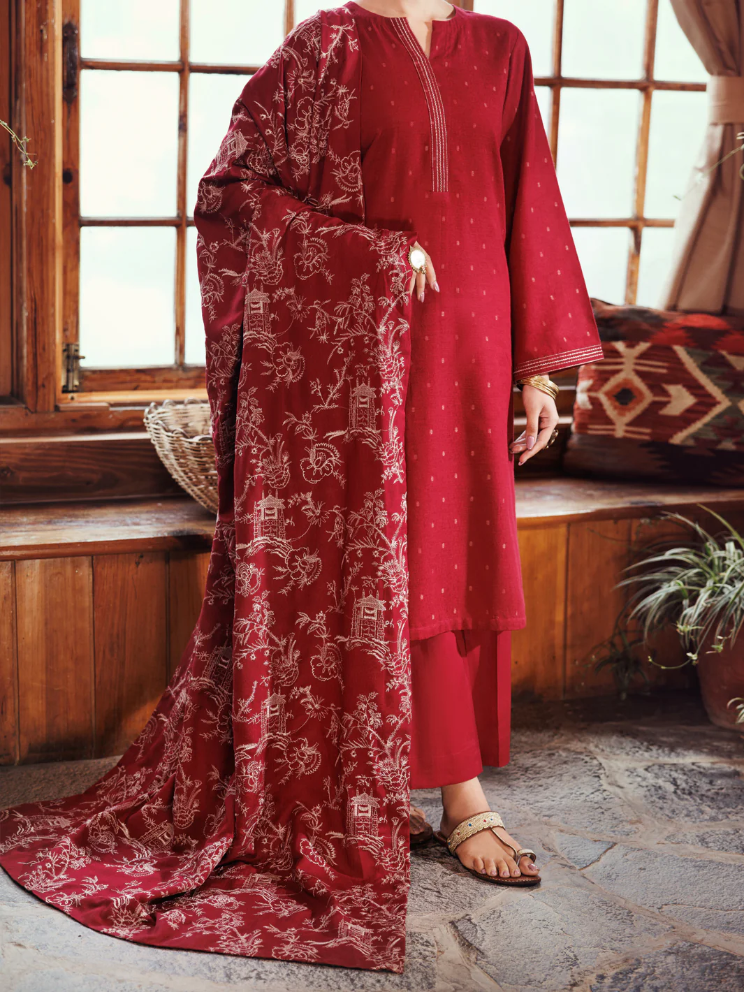 Maroon Dobby 3Pc Unstitched - AWP-3PS-696