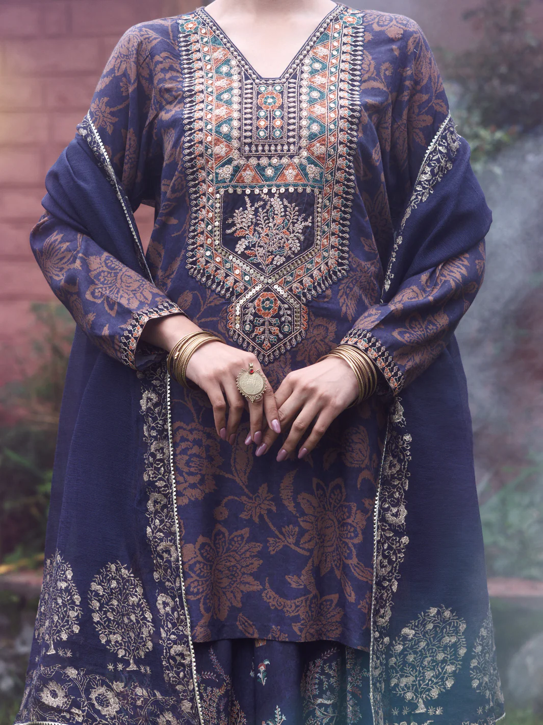 Navy Blue Poly-Raw Silk 3Pc Stitched - AWP-3PS-755 - Image 2
