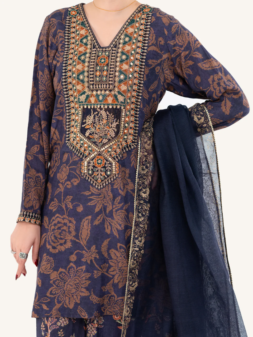 Navy Blue Poly-Raw Silk 3Pc Stitched - AWP-3PS-755 - Image 6