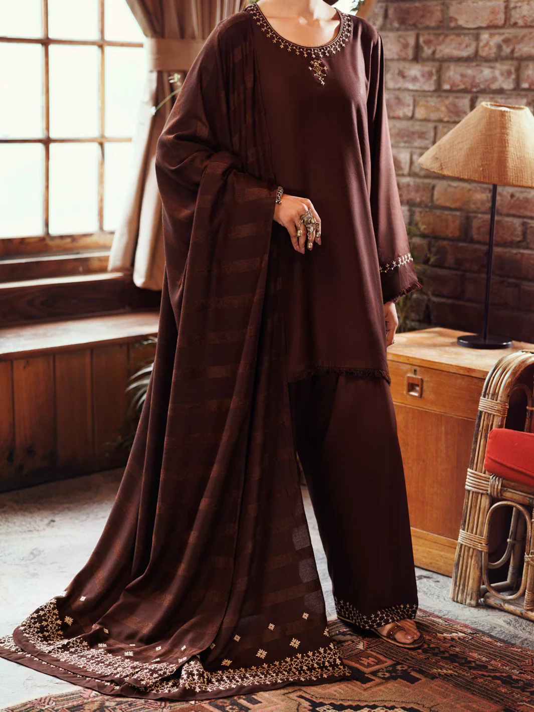Dark Brown Viscose Karandi Dyed 3Pc Stitched - AWP-3PS-761 - Image 2