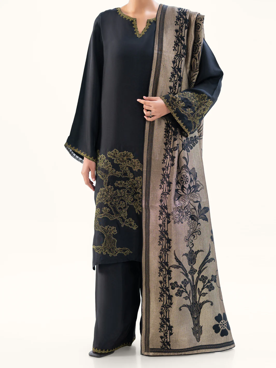 Black Taffeta Silk 3Pc Stitched - AWP-3PS-777