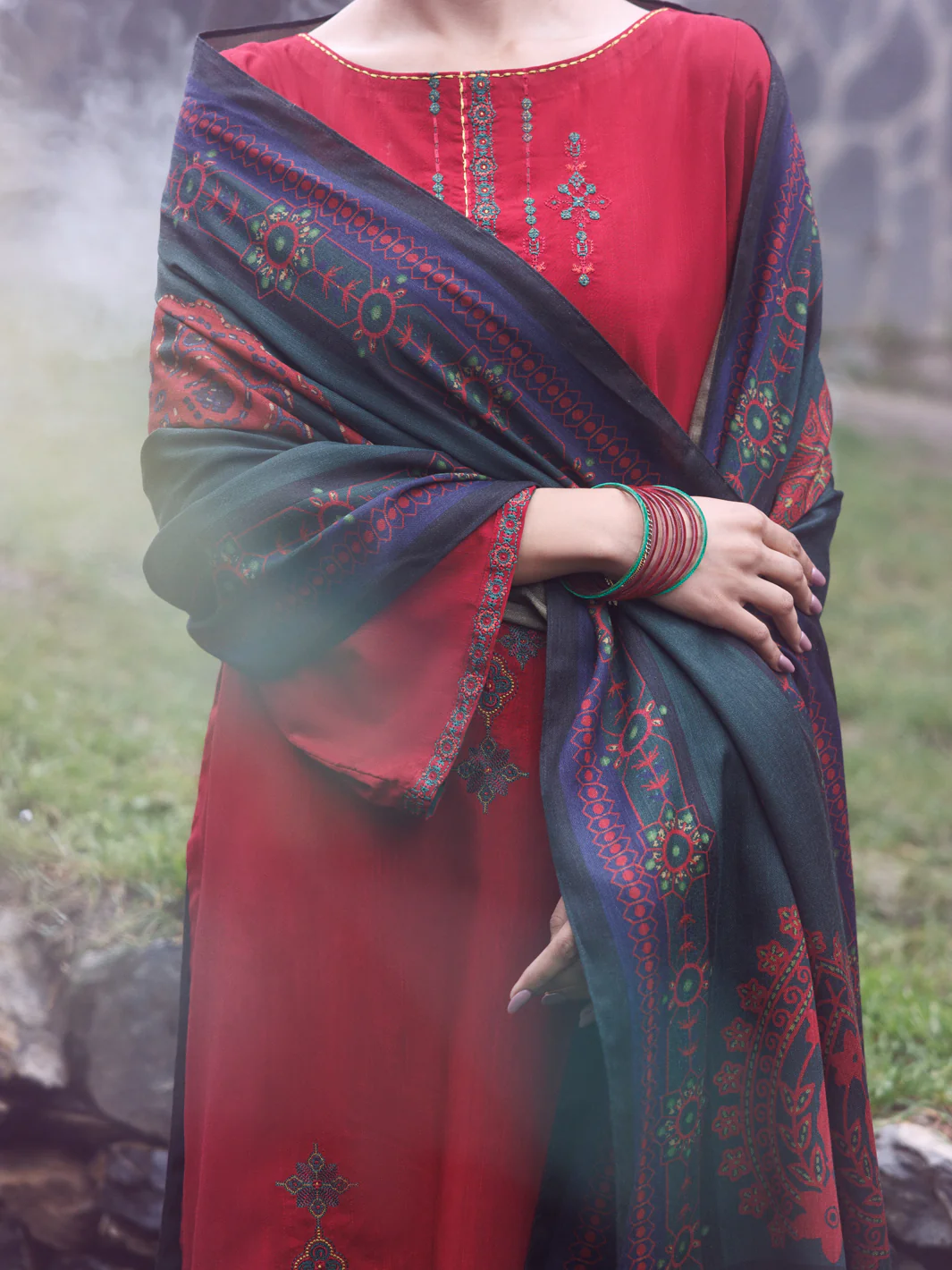 Red Poly Khaddar 3Pc Stitched - AWP-3PS-880 - Image 2