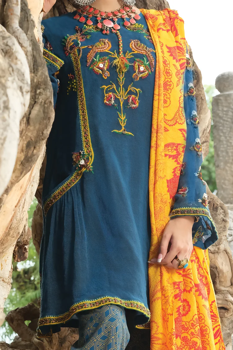 Blue Cotton Net 3Pc Stitched - ALP-728