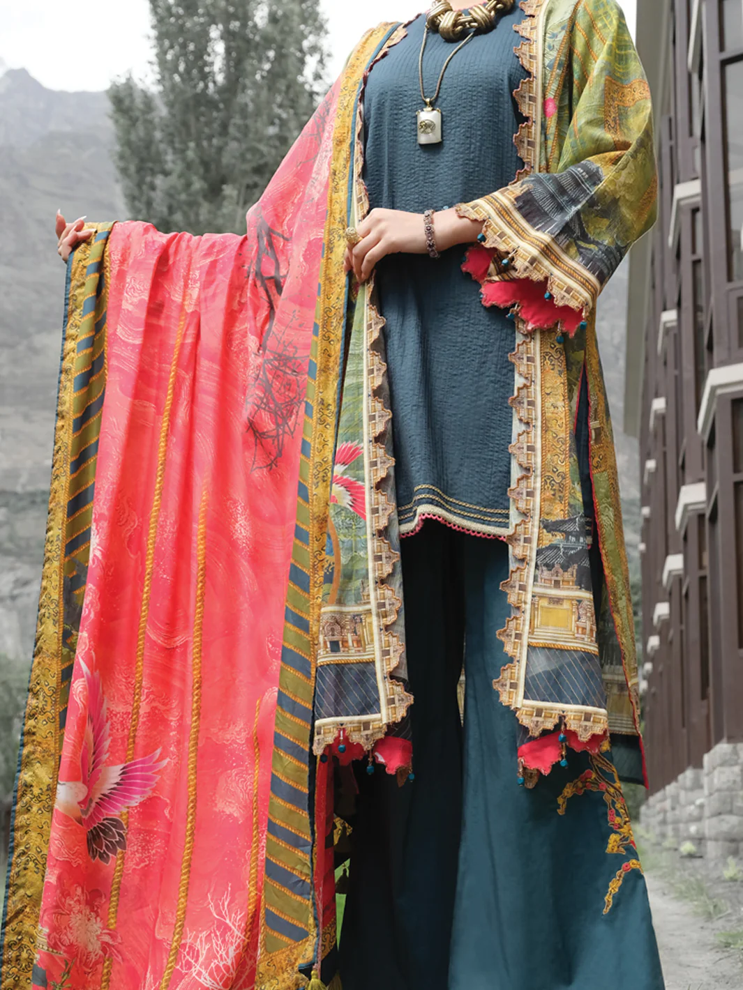 Green Khaddar + Linen 3Pc Stitched - AWP-208