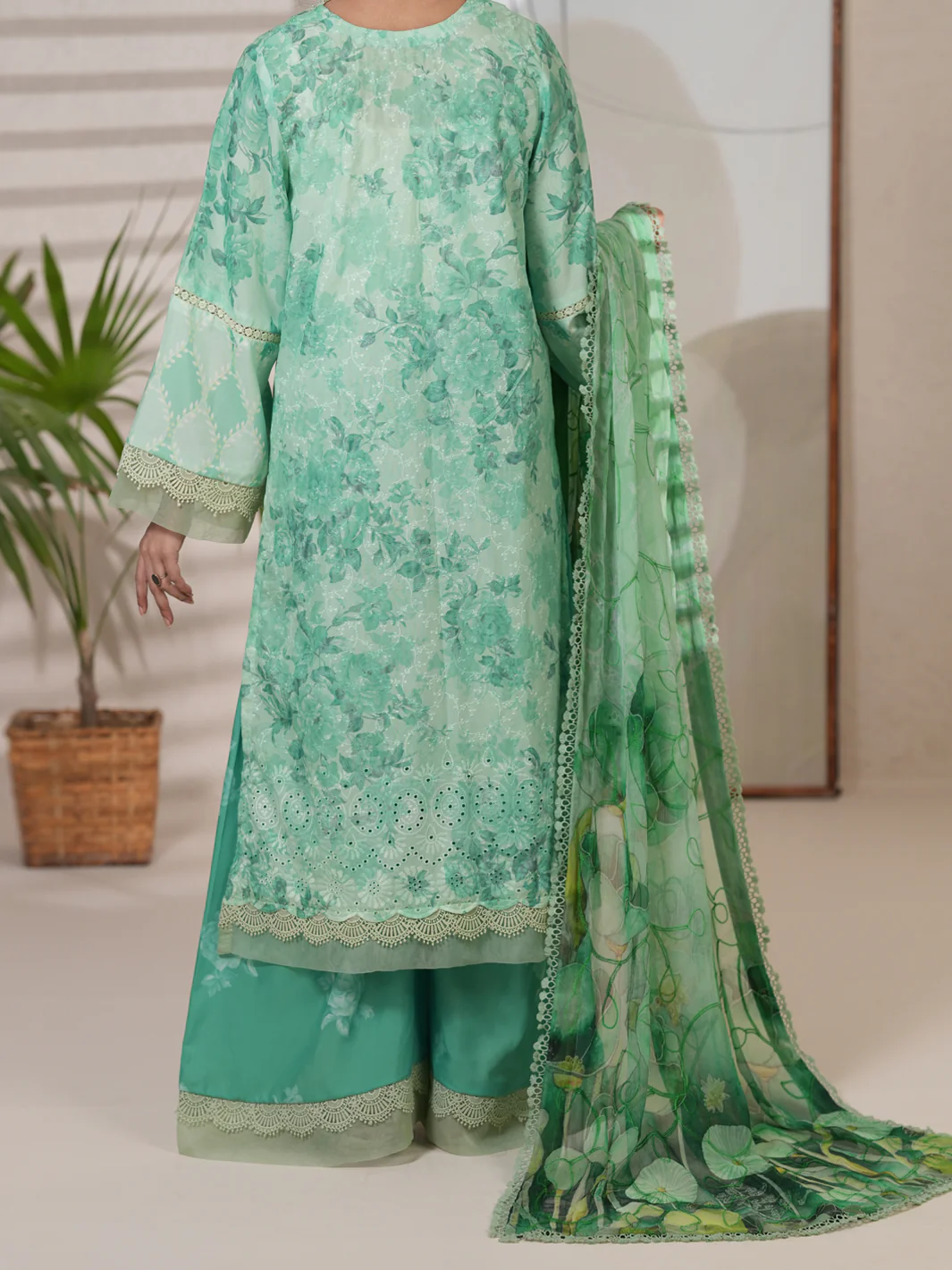 Green Silk Lawn Unstitched 3PC - ALP-3PS-2411 - Image 2