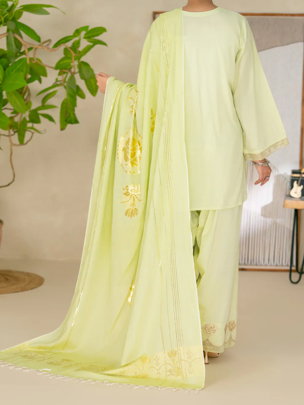Light Green Golden Zari Lawn Stitched 3Pc - ALP-3PS-2618 - Image 2