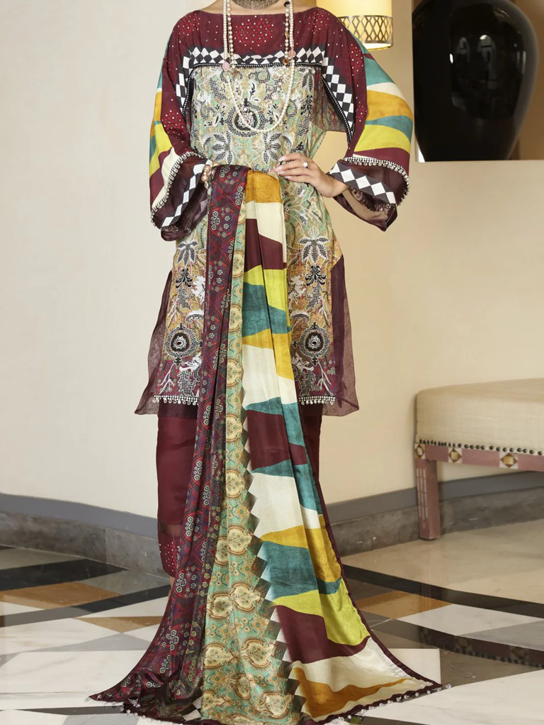 Mehroon Silk Viscose 3Pc Stitched - ALP-561