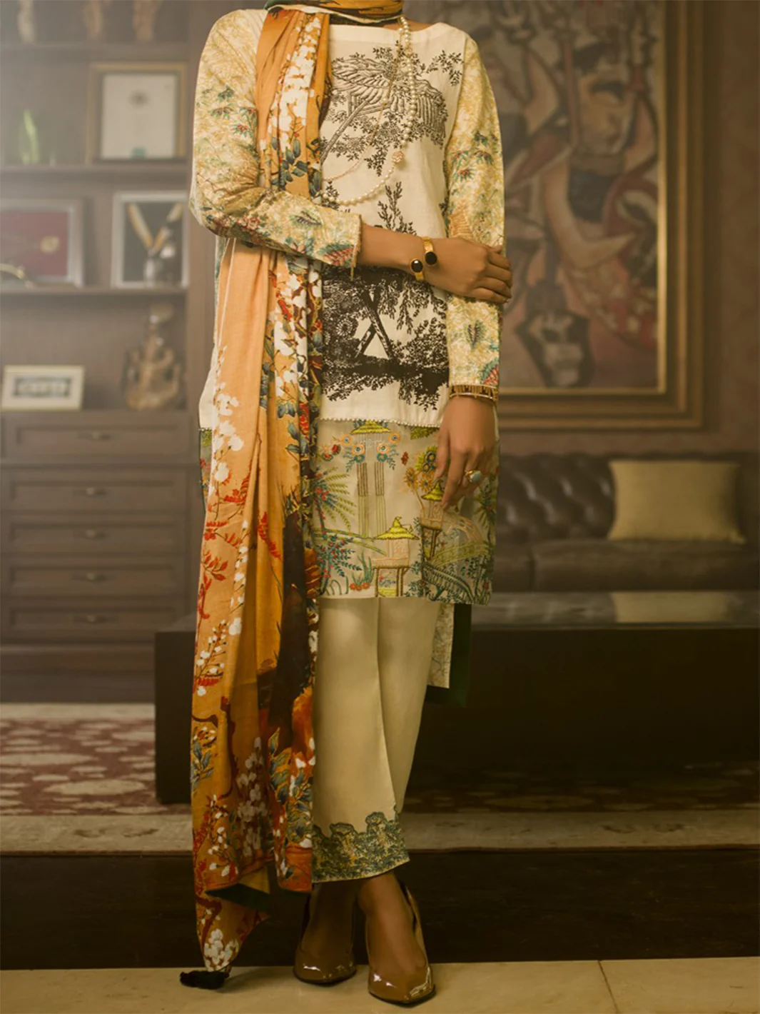 Natural Jacquard 3Pc Stitched - AWP-189