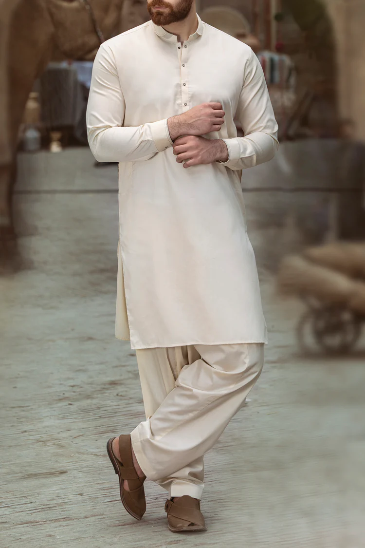 Off White Cotton Kameez Shalwar - AL-KS-2383 - Image 3