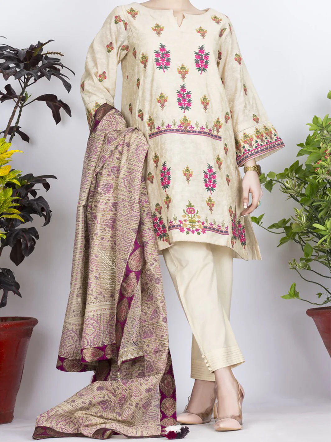 Off White Cotton Silk 3Pc Stitched - ALP-731
